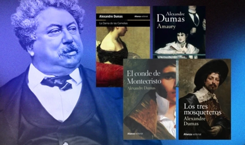 Imagen de Alexander Dumas con portadas de sus libros