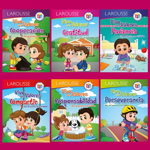 Seis portadas de libros infantiles de Larousse de la serie "Vive con Valores". En la fila superior: "Cooperación", "Gratitud" y "Paciencia".