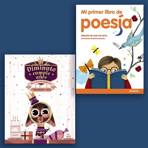 os portadas de libros infantiles sobre un fondo azul oscuro. A la izquierda, "Diminuto cumple años: Un tricuento medieval" con una ilustración de un perro antropomórfico con una corona. A la derecha, "Mi primer libro de poesía" con un niño leyendo un libro rodeado de elementos naturales.