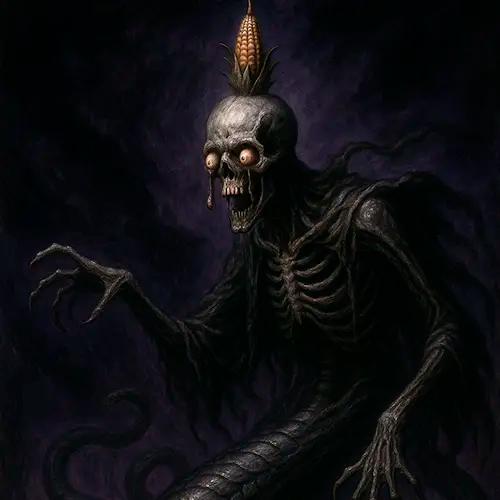 Una ilustración de una criatura esquelética y grotesca con ojos saltones y una mazorca de maíz en la cabeza, sobre un fondo oscuro y nebuloso.