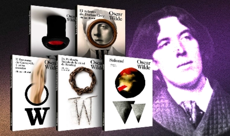 Imagen de Oscar WIlde con portadas de sus libros
